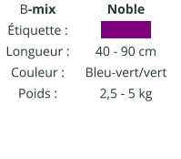 B-mix Étiquette : Longueur : Couleur : Poids :   Noble IIIIIIIIIIII 40 - 90 cm Bleu-vert/vert 2,5 - 5 kg
